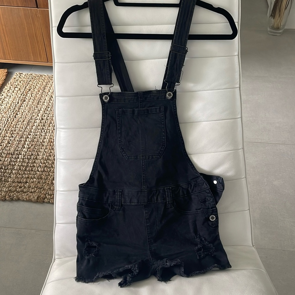 Women small denim Black Jean romper overall short with distressed hem and areas